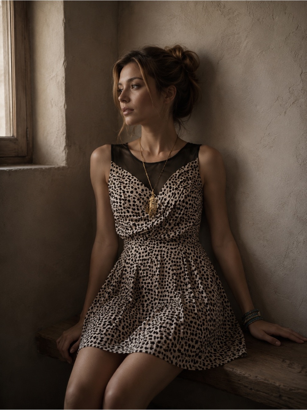 NWT BCBG Tan Black Illusion Chai Combo Pleat Polkadot Skater Mini Satin Dress